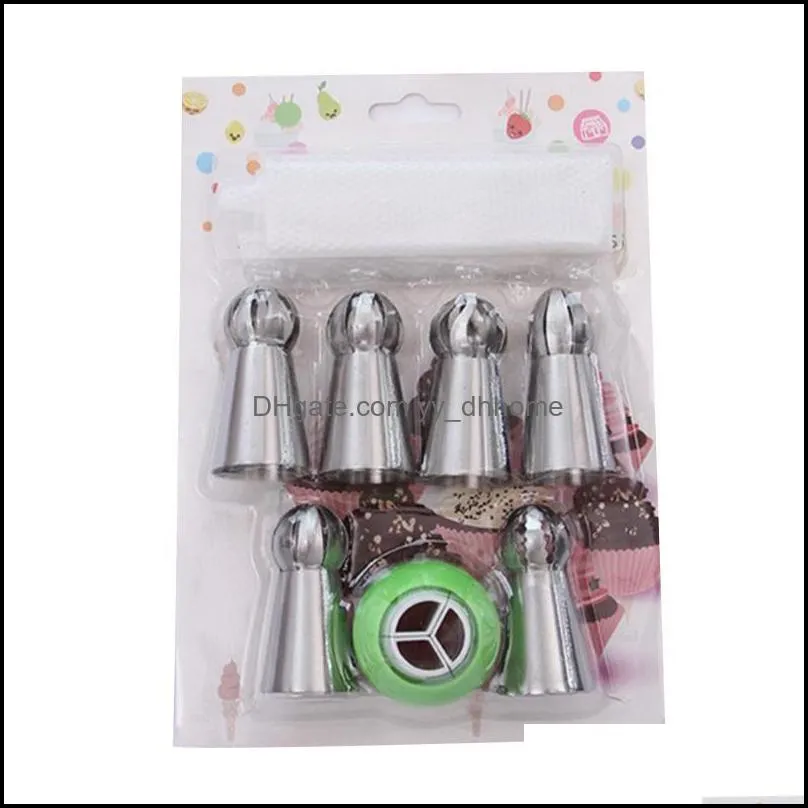 stainless steel cake decor piping tips set with coupler 6/7/12pcs spherical russian style cream nozzle for baking xh8z & pastry tools