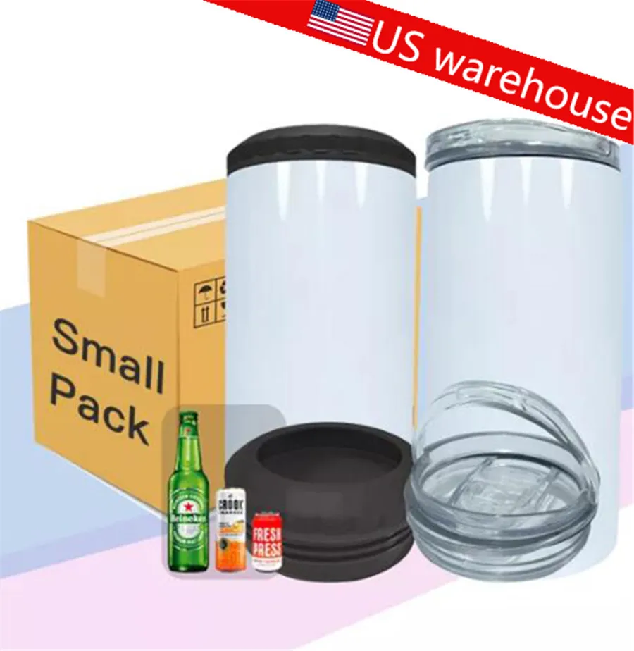 Warehouse Small Pack 16oz 4 in 1 تسامي Tumbler فارغ Can Can Tooler Cans Koozie من الفولاذ المقاوم للصدأ الأبيض مستقيم Tumbler Dual Lids زجاجة ماء القهوة