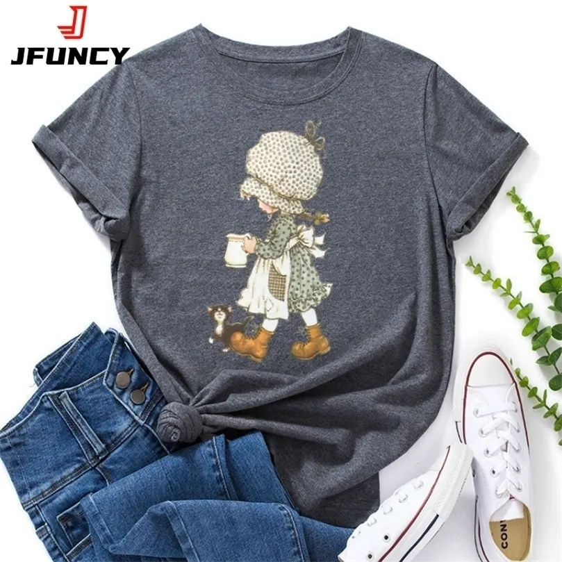 JFUNCY Women Short Sleeve T-shirt Cartoon Printed Graphic T Shirts Summer Tops Female Tee Shirt Plus Size Cotton Woman Tshirts 220408