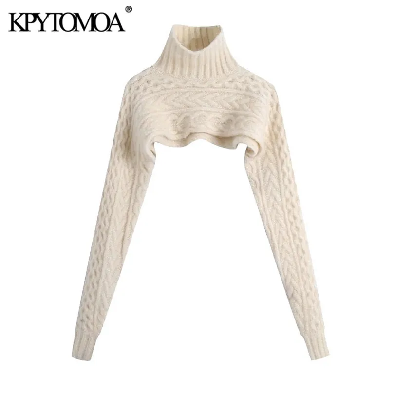 KPYTOMOA Moda Donna Scaldamuscoli Maglione lavorato a maglia a trecce Vintage Collo alto Manica lunga Pullover donna Chic Top 201203