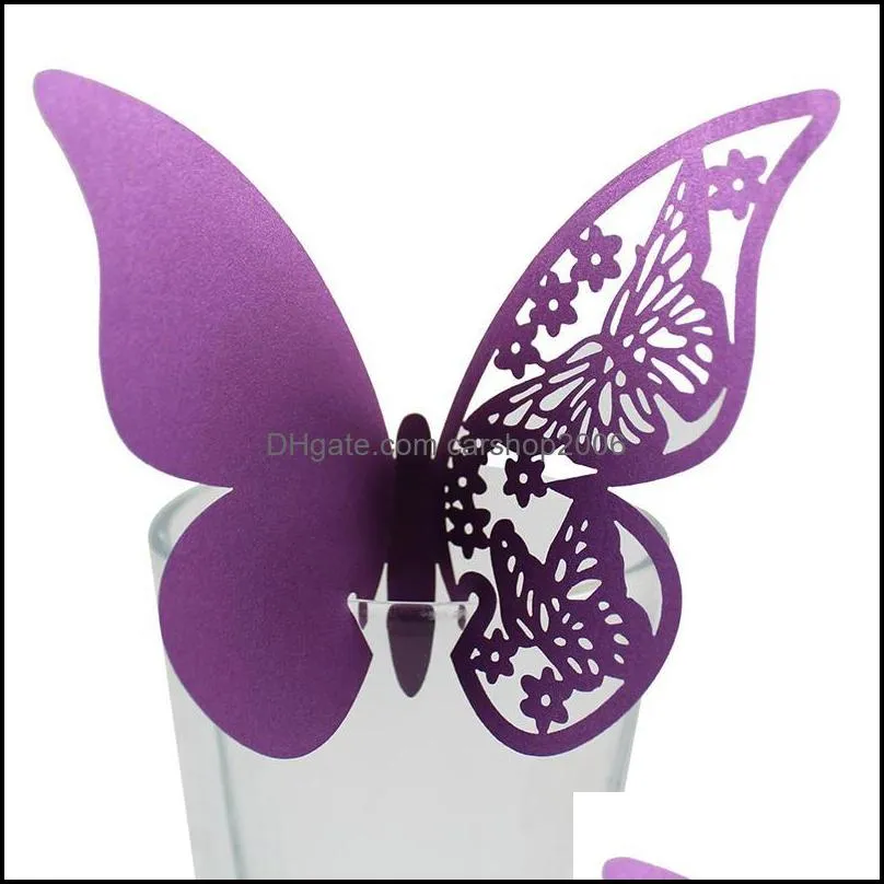 50pcs/Lot Hollow Butterfly Cup Card Decoration Wine Glass Laser Cut Paper Name Place Seats Cards Favor Wedding Party Baby Shower