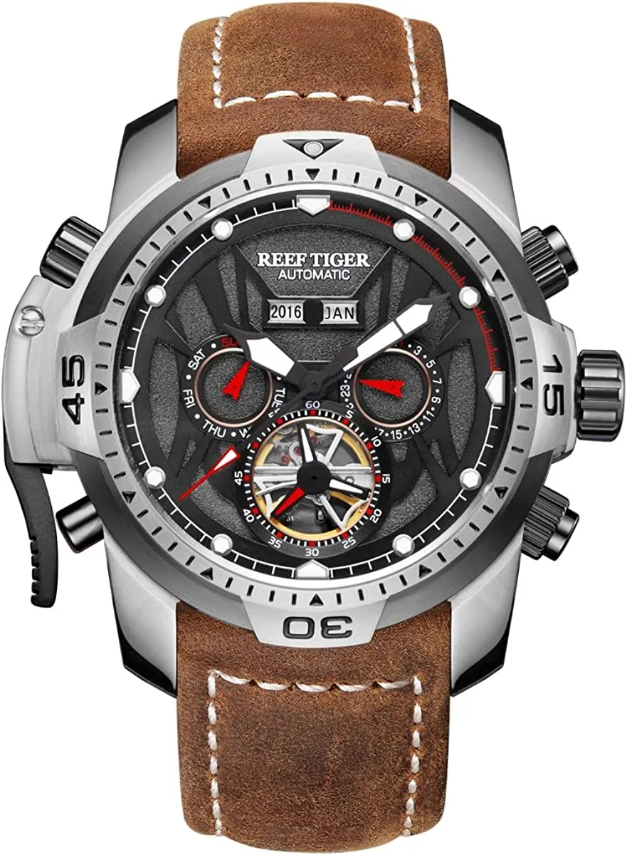 Reef Tiger Mens Sport Watches rostfritt stål Automatisk klocka Militärklockor läderrem