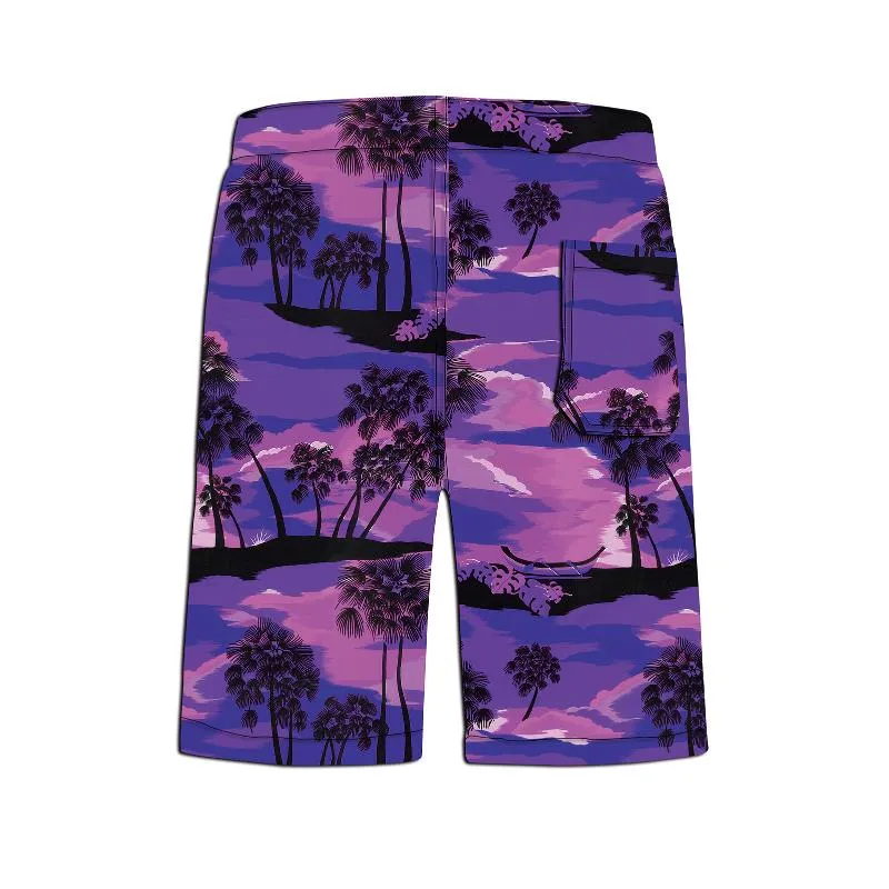 Herrspårar sommaren anpassad strand grossist polyester sublimering lila kostym trycker mäns hawaiian skjortor shortsmen's