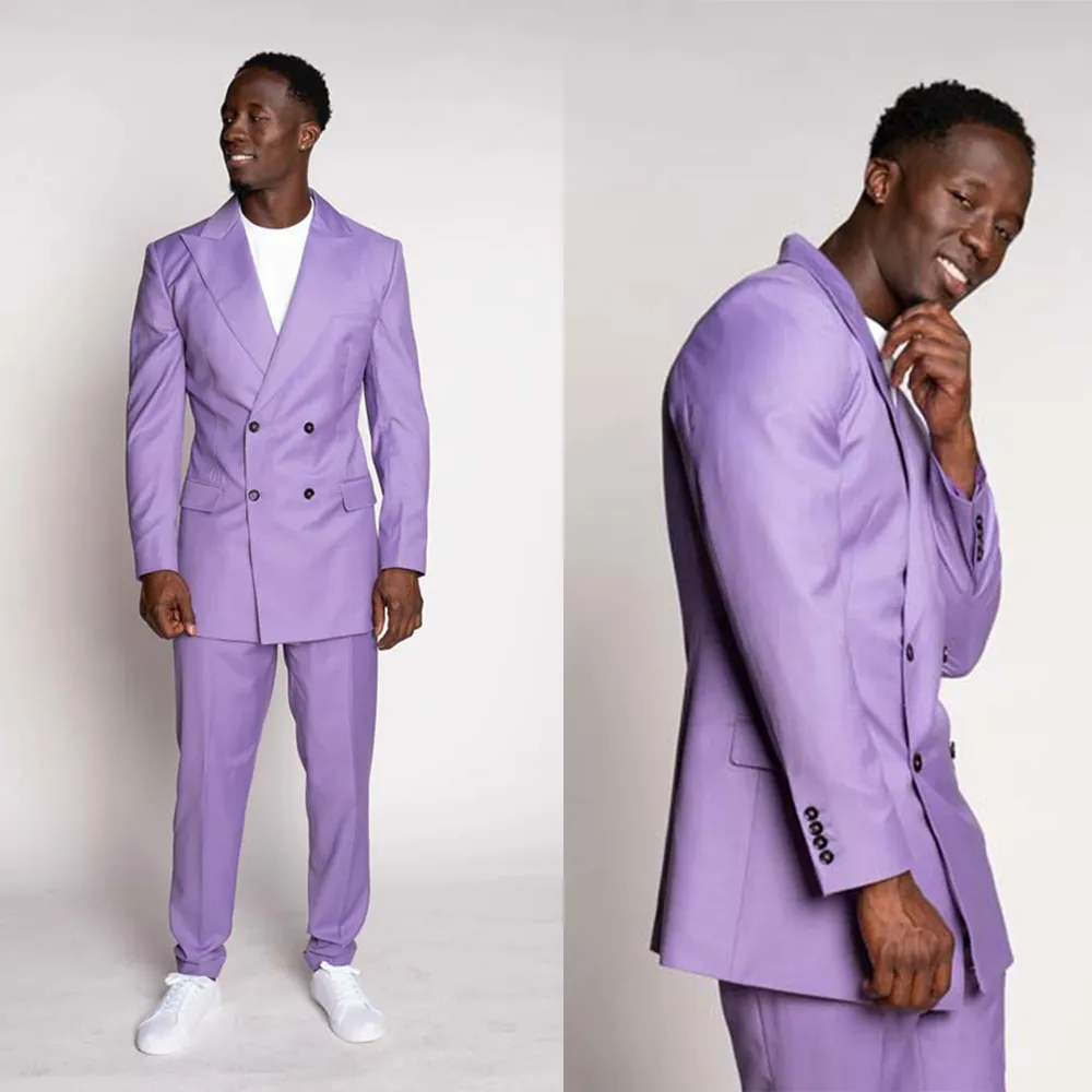Noble Purple Wedding Tuxedos Peaked Lapel Mens Double Breasted Suits Men Prom Party Outfit Jacket and Pants