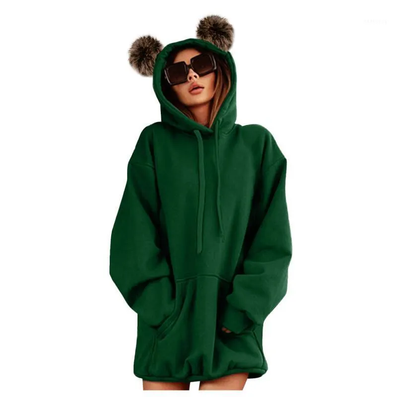 Sweats à capuche pour femmes Sweats Harajuku Femmes Solide Poilu Boule Oreilles Poche Sweat À Capuche Outwear Surdimensionné Sweat À Capuche Lâche Vêtements D'hiver