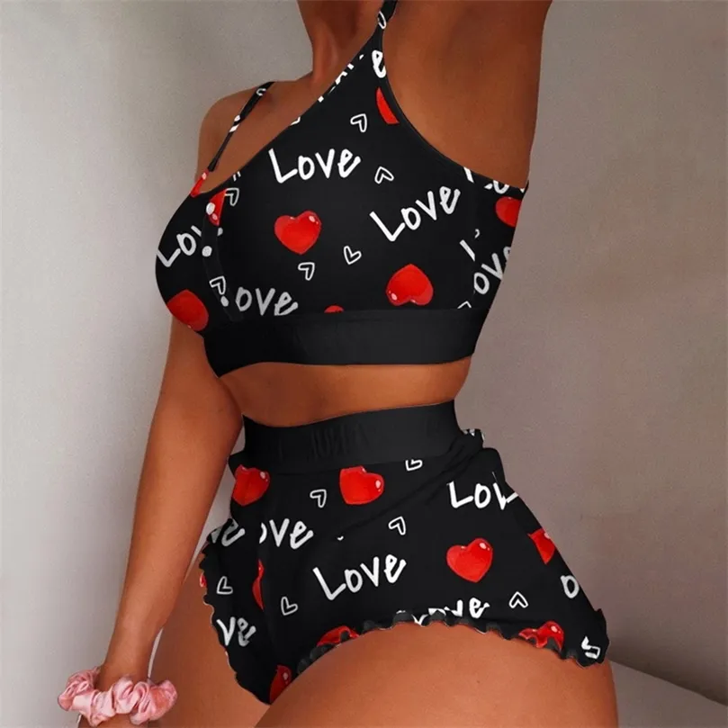 Womens 2 Pieces Kawaii Strawberry Print Frill Hem Cami Pyjama Set Femme Cute Crop Top Shorts Suits Lady Sleepwear 220527