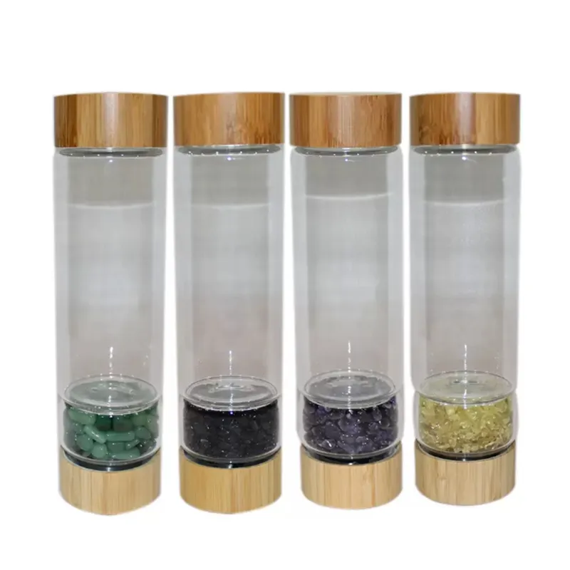 Bamboo Cap Tumblers Natural Crystal Quartz Glass Water Bottle Crushed Quartz Obelisk Wand Healing Energy Bottles with