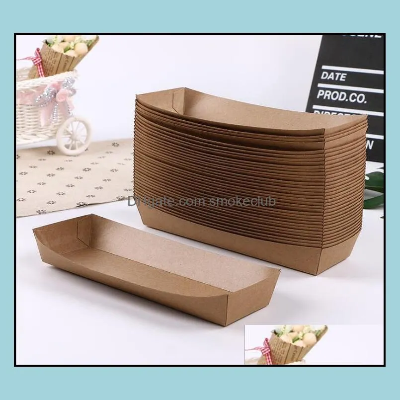 100PCS Food Serving Tray Kraft Paper Carriers Boat Shape Packing for Caterers Restaurants