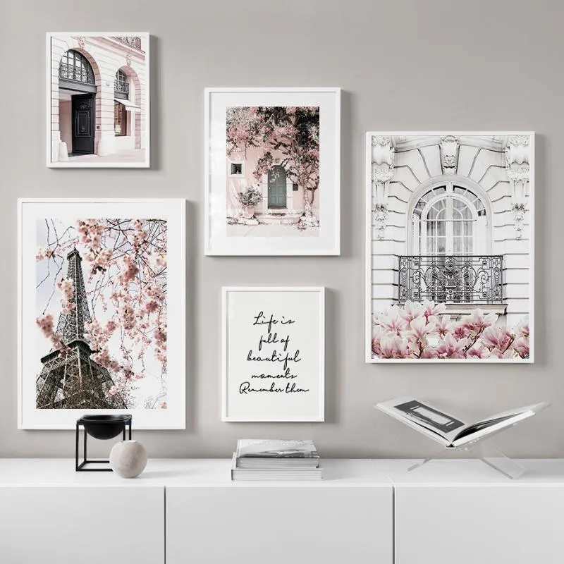 그림 분홍색 꽃 파리 타워 창문 문자 인용 벽 예술 캔버스 그림 거실을위한 북유럽 포스터와 인쇄물 사진 decorpaintin