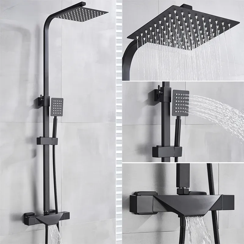 Bathroom Faucet Black Rain Shower Head Thermostatic Bath Faucet Wall Mounted Bathtub Shower Mixer Tap