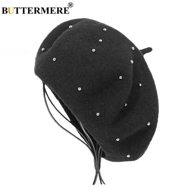 Chapeaux d'hiver Buttermere pour femmes bérets laine noir peintre casquette femme perle vintage chaud bérets français dames doux artiste casquette J220722