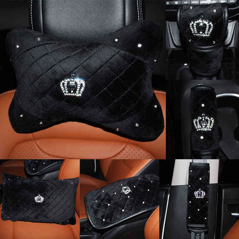 Winter Crown Crystal Car Seat Headrest Pillow Plush Auto Neck Waist Support Pillows Gear Hand Brake Case Seat Belt Cover Sets H220422