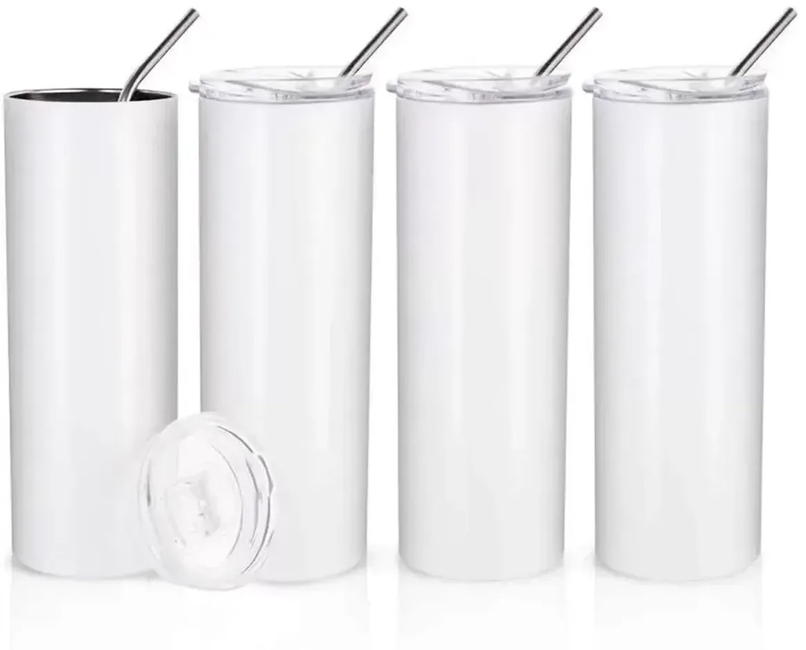 100pcs Sublimation Straight Tumblers 20oz Stainless Steel Mugs clear straw DIY Tall Blank Cups 600ml Vacuum Insulated Coffee Beer Water Bottle sxjun20