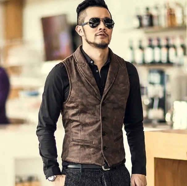 Gilet da uomo in pelle scamosciata Slim Fit Gilet monopetto Mens 2022 Moda di marca Gotico Steampunk Gilet stile vittoriano Uomo Casual J3033