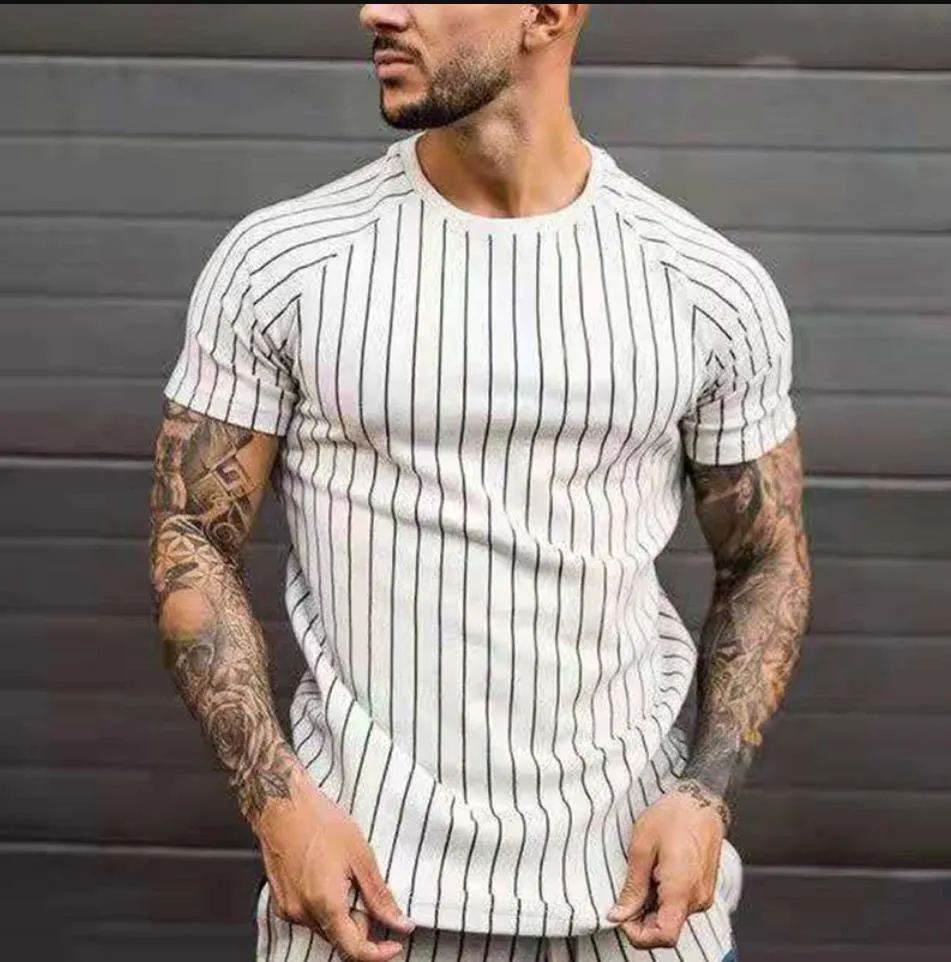 Nqml Summer Men t Shirt Sports Gym o Neck Vertical Stripes Short Raglan Sleeve Loose T-shirts Tops Work Print