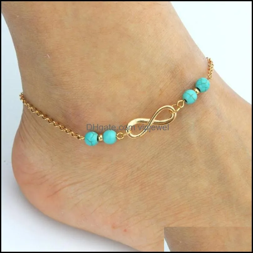 8 characters beaded anklet infinite 4 blue beads pendant gold charm ladies summer ankle fashion jewelry good luck d936l a