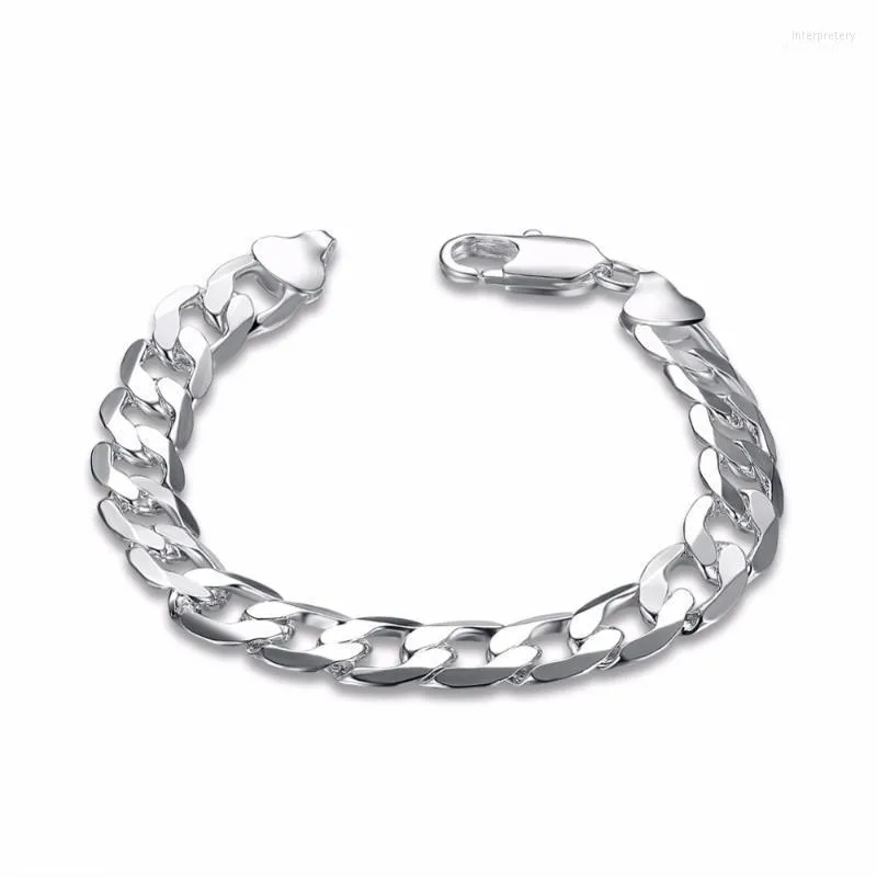 Gioielli in argento sterling Bracciale largo 10 mm Uomo piatto Semplice geometrica Argenteria Aragosta Artiglio Catena a maglie Inte22