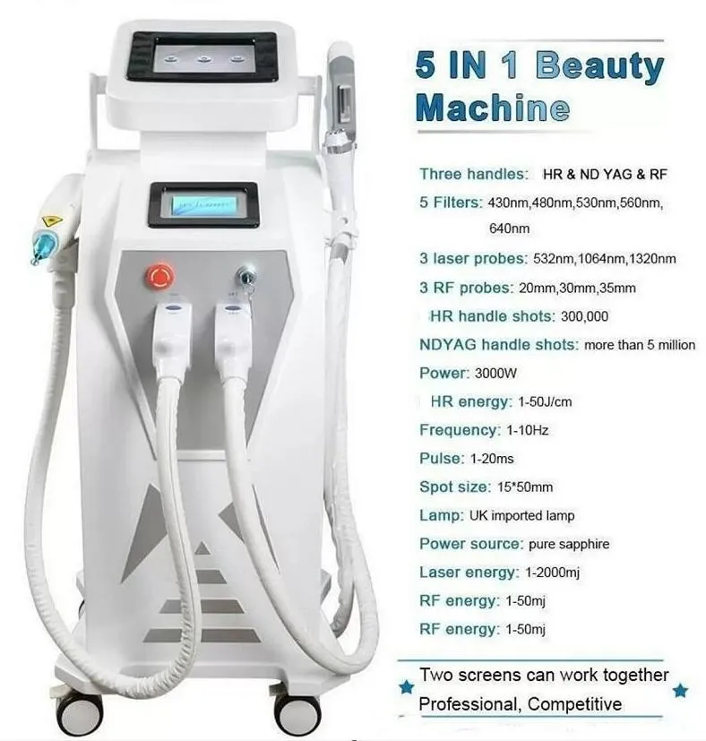 Dubbele scherm 4 in1 multifunctionele opt iPL lasertherapie machine tattoo verwijderingsapparatuur vasculaire pigment acne-therapie met q geschakeld