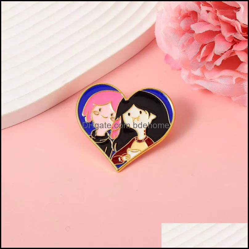 cartoon two girls portrait heart shaped brooches pins girlfriend gift alloy enamel love clothes badges jeans sweater bags hats lapel pins ornaments