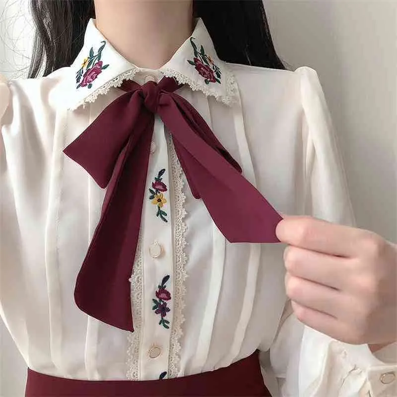 Korean Chic Spring Autumn Women Gorgeous Blouse TurnDown Collar Floral Embroidery Chiffon Blusas Vintage Elegant Bow Lady Shirt 210401