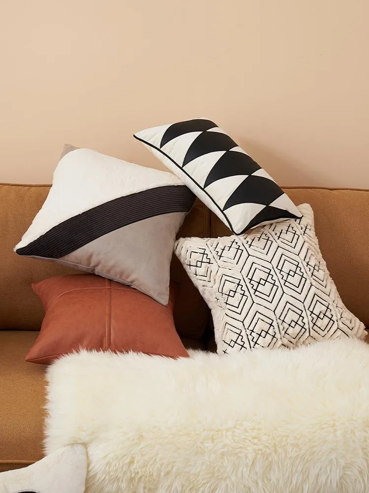 Cushion/Decorative Pillow Modern Light Luxury Orange White Black Leather Stitching Cotton Jacquard Sofa Living Room Square PillowCushion/Dec