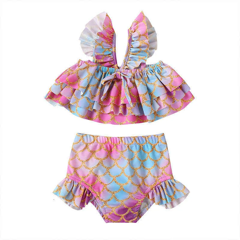 Kleine Meerjungfrau Prinzessin Mädchen Zweiteiliger Badeanzug Sommer Fischschuppen Druck Mode Strand Schwimmen Neckholder Kleidung Kinder Wasser