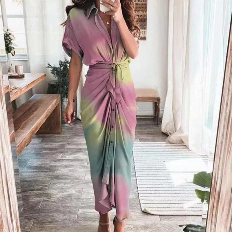 Casual Dresses Turn-Down Collar Short Sleeve Draped Maxi Dress Floral Print Single Breasted Shirt Elegant Women's For Women 2022Casual