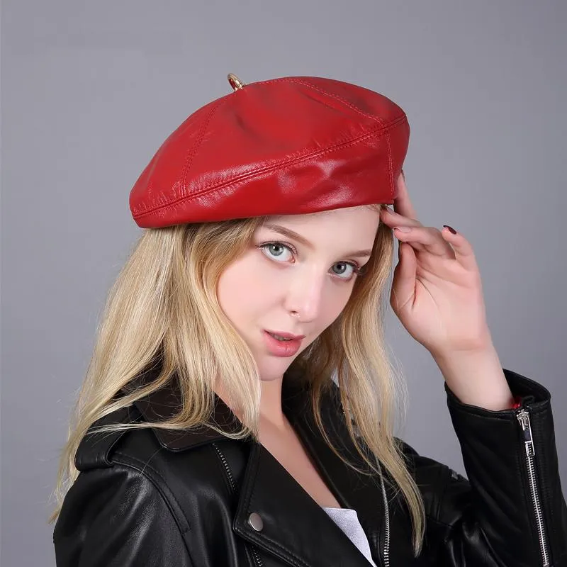 Berets Spring/Winter 100 ٪ Heal Leather Beret Hat Women Fashion European Pumpkin Caps Female Rainbow Color White/Red Boinaberets