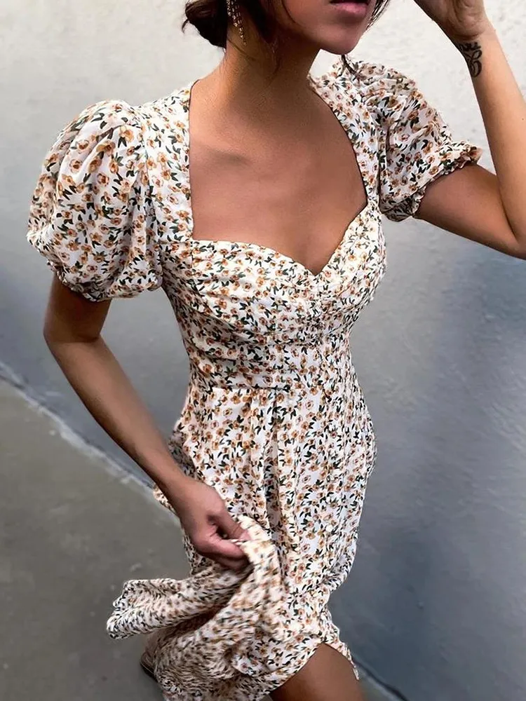 Elegant Puff Sleeve Floral Midi Dress: Summer V Neck French
