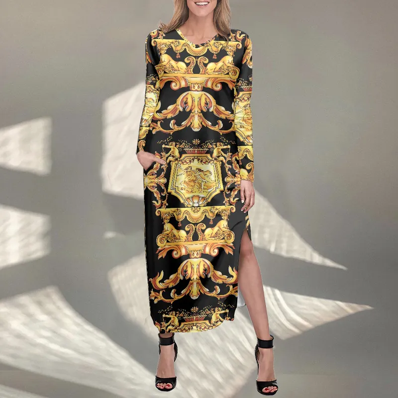 NoisyDesigns Luxury Golden Europe Floral Women Long Sleeve Split kjol Fashion Elegant Lady Sexy Dresses Autumn Winter 4XL 220627