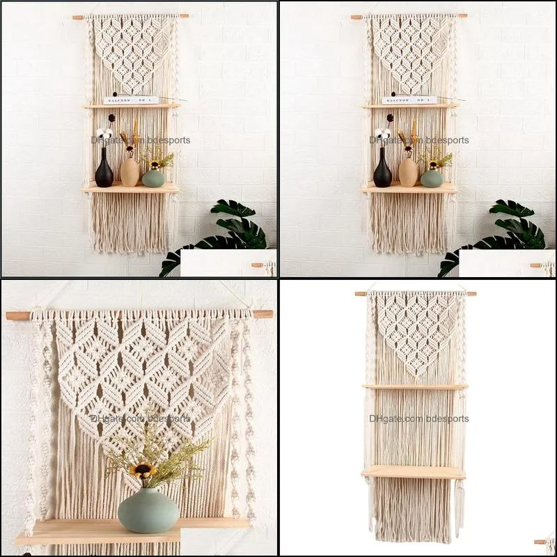 Other Home Decor Boho Woven Wood Shelf Tapestry Cotton Rope Wall Floating Exquisite Workmanship Minimalist And Durable