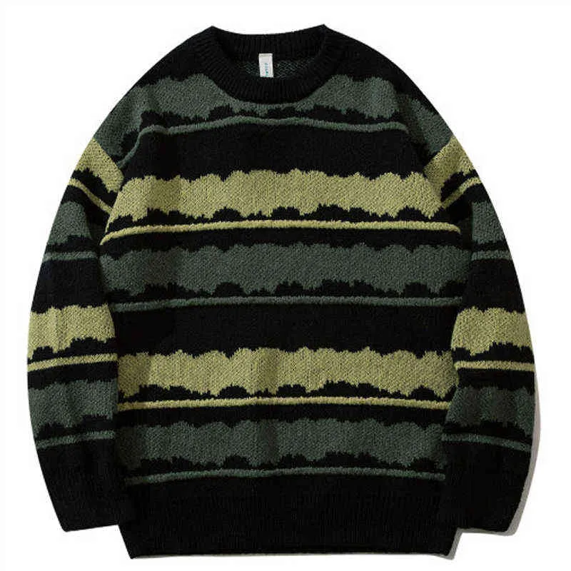 Vintage stickade tröjor män kvinnor harajuku jumper randig ful streetwear överdimensionerade tröjor punk stil gröna toppar 2021 hösten t220730