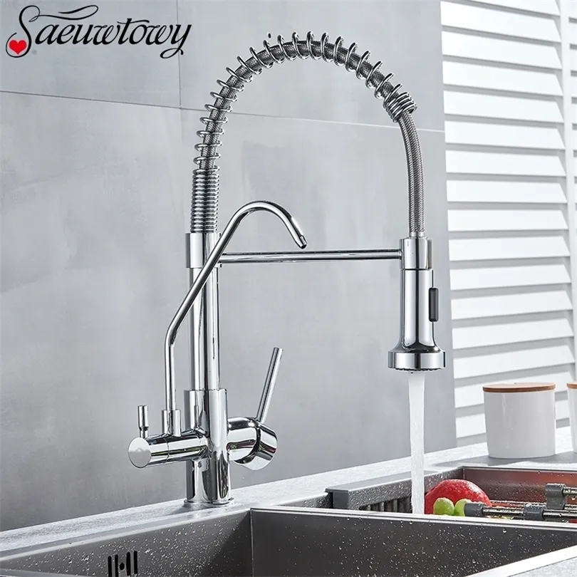 Modern Chrome Kitchen Faucet Rotatble Filter Pure Water Device Hot and Cold Water Mixer Spring Kitchen Tap Deck Installation T200805