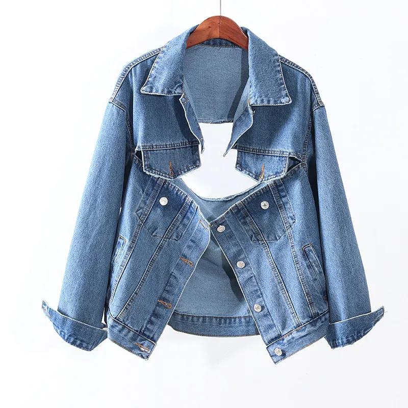 EWQ Autumn Women Coat Vneck Loose Single Breasted Fashion Irregular Hollow Halter Denim Jacket Tops Ladies Coats QB152 201029