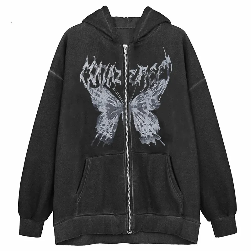 Harajuku Hoodies Women Autumn Winter Hip Hop Zipper Butterfly Aesthetic Hooded Sweatshirt Female Goth Punk Jacket Coat