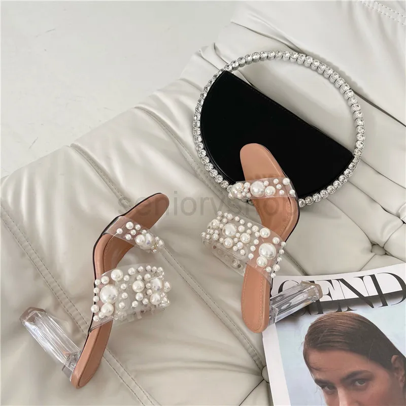 Eilyken New Trasparente PVC String Bead Shoes Donna Fashion Open Toe Pantofole Crystal Perspex Tacchi Slides Beach Sandale Femmeshgoskhgo