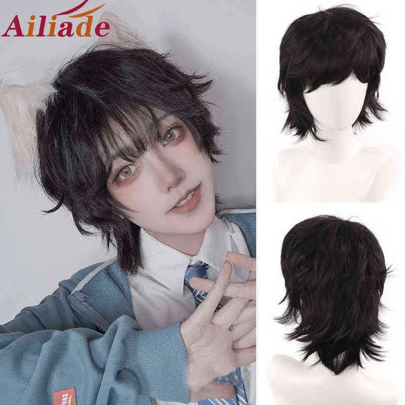 Perruques synthétiques de cheveux Cosplay Ailiade noir perruque pour hommes courte frange droite 12 "synthétique s pour homme garçon Cosplay Anime fête quotidienne résistant à la chaleur 220225