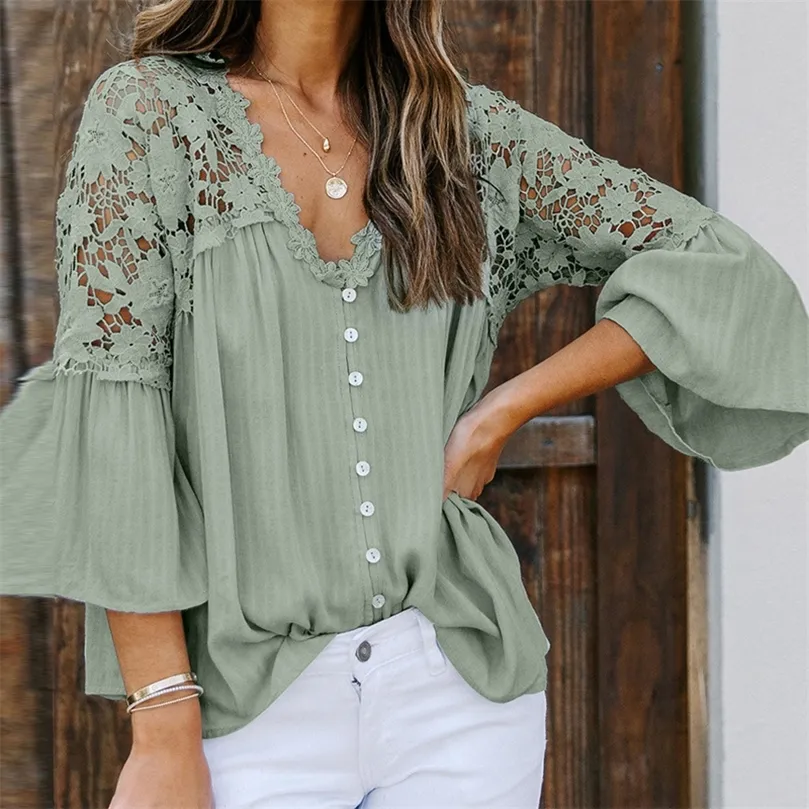 TEELYNN Hollow Out Lace Blouses Shirts Women Vintage V Neck Flare Sleeve Summer Blouse Ladies Top Plus Size Boho Blusas 220514