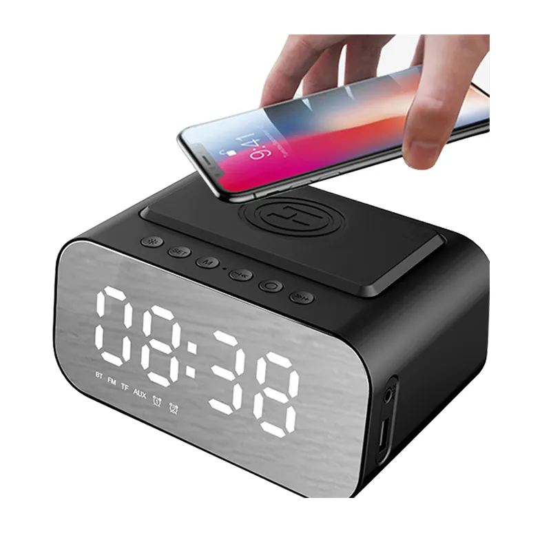 Alto-falante portátil Bluetooth Despertador Led Display digital Alto-falantes duplos Subwoofer profundo Alto-falante multifuncional Carregador de telefone sem fio Aux Rádio FM Cartão TF