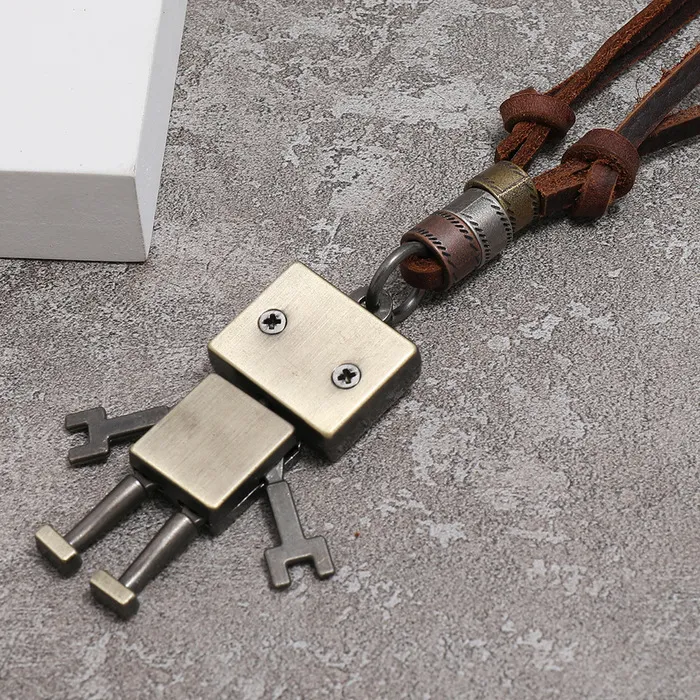 Movable Robot Pendant Necklace hiphop Retro Metal Adjustable Leather Chain Necklaces for Women Men Fashion Jewelry