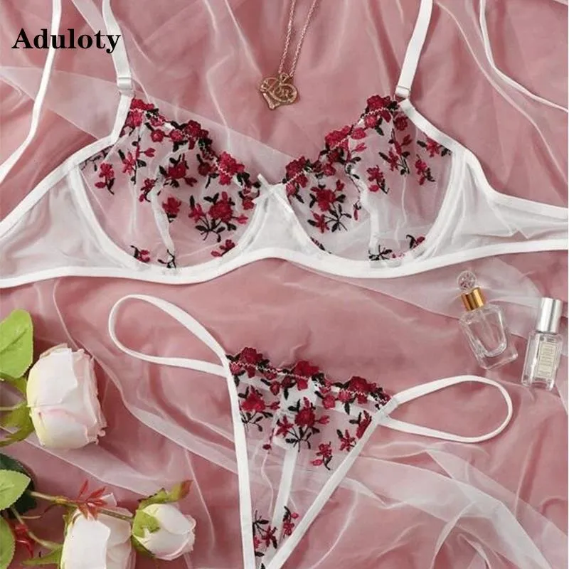 Womens Lace Embroidered Underwear Set Underwire Gather Bra And Panty Thin Mesh See Through Sexy