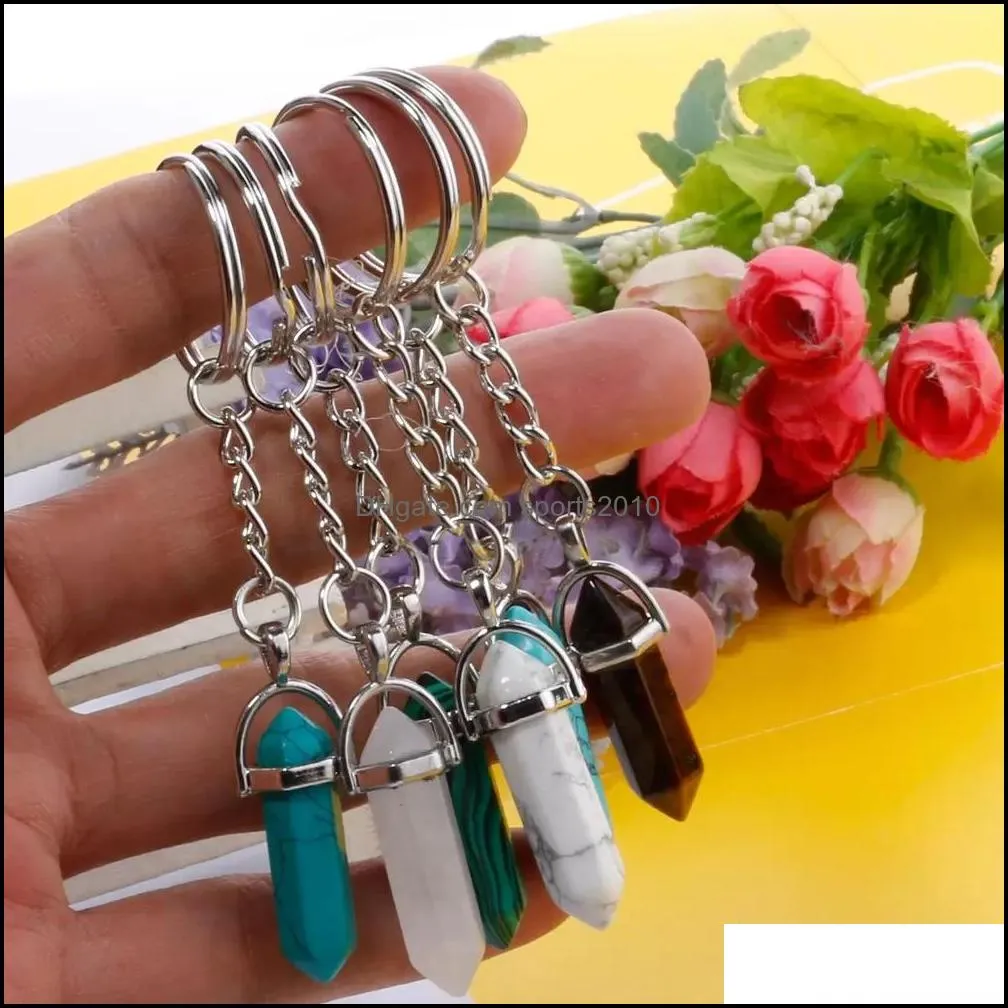 natural stone key chain ring hexagonal prism keychain amethyst rose quartz tiger`s eye opal crystal keyring