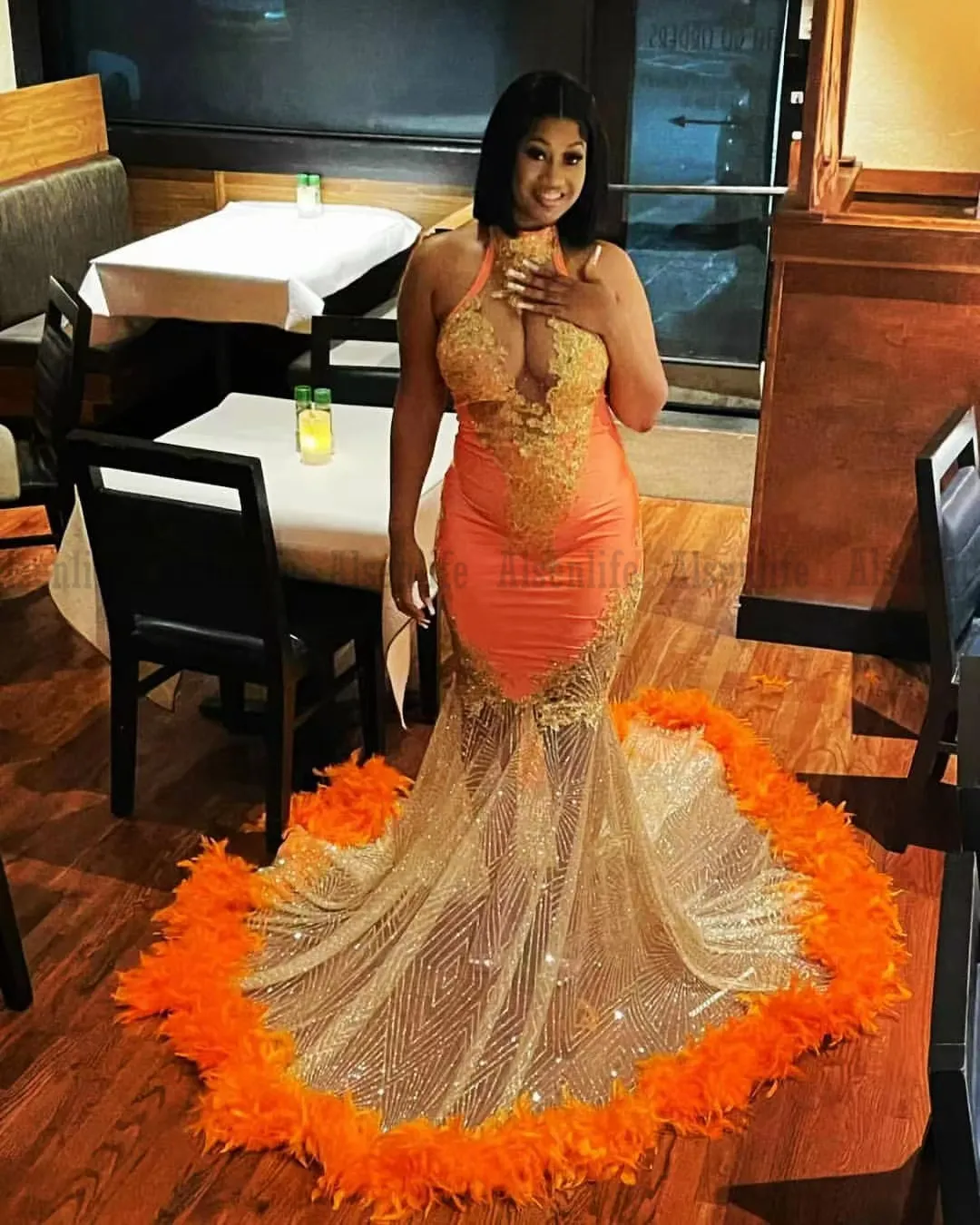 2022 Black Mermaid Orange sparkly prom dress for Women - Orange Sequin Feather Formal Evening Gown