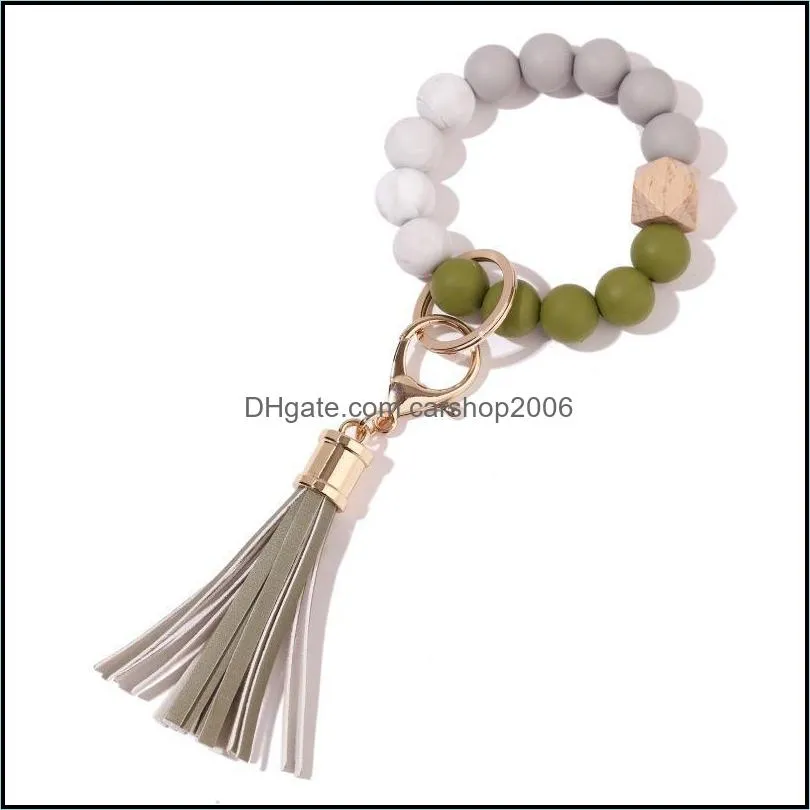 wristlet keyring bracelets keychain silicone wooden beads pu leather tassel pendant bag charms jewelry portable anti lost wrist key