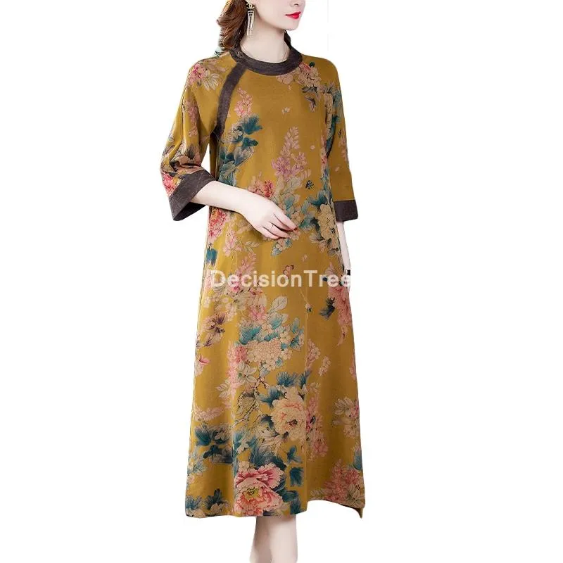 Abbigliamento etnico Maglia alla caviglia Elegante abito cinese Qipao Abito tradizionale cheongsam Abito vestito allentato migliorato Abito etnico