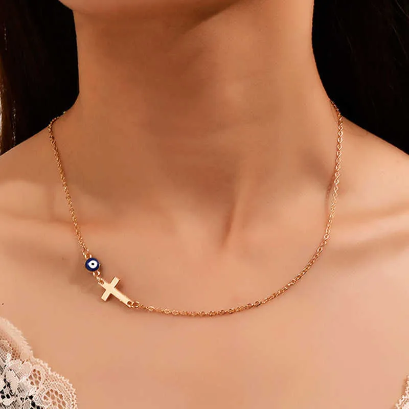 Cross New Fashion Blue Choker Necklace For Women Girls Gold Color Clavicle Chain Pendant Jewelry Collar Gifts