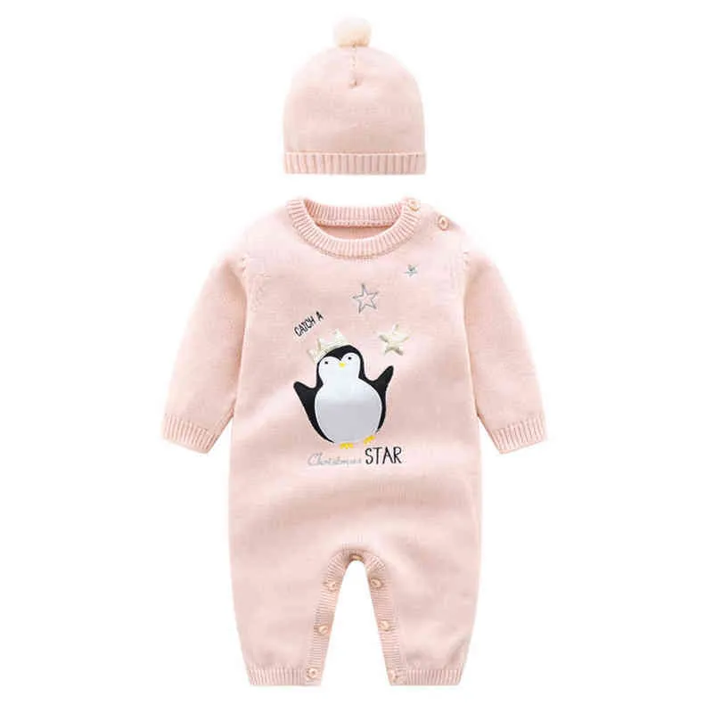 new winter newborn baby girl clothes Long sleeve cartoon penguin pink woolen knitted sweater baby boy girl romper and hat set G220521