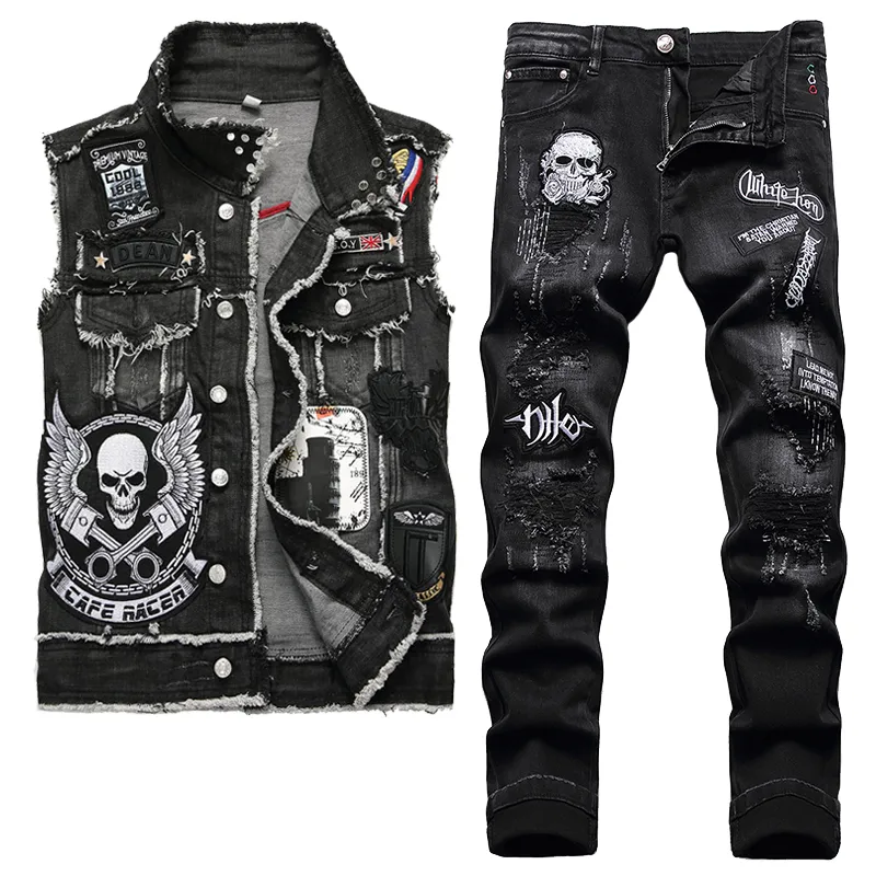 2022 Tute Jeans a due pezzi da uomo con teschio nero ricamato Moda Casual Gilet di jeans con risvolto e pantaloni con foro strappato Punk Conjuntos de hombres