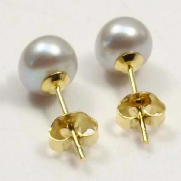 Verklig naturlig 7-8mm grå South Sea Pearl Earrings 14K Gold Stud Earring AAA