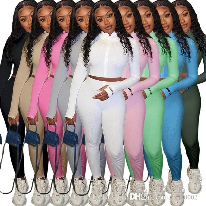 High Collar Embroidered Letter Slim 2 Piece Pants Outfits Women Tracksuits Rib Zipper Crop Top